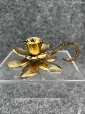 Vintage Solid Brass Lotus Flower Candle Candlestick Holder W/Handle Made India